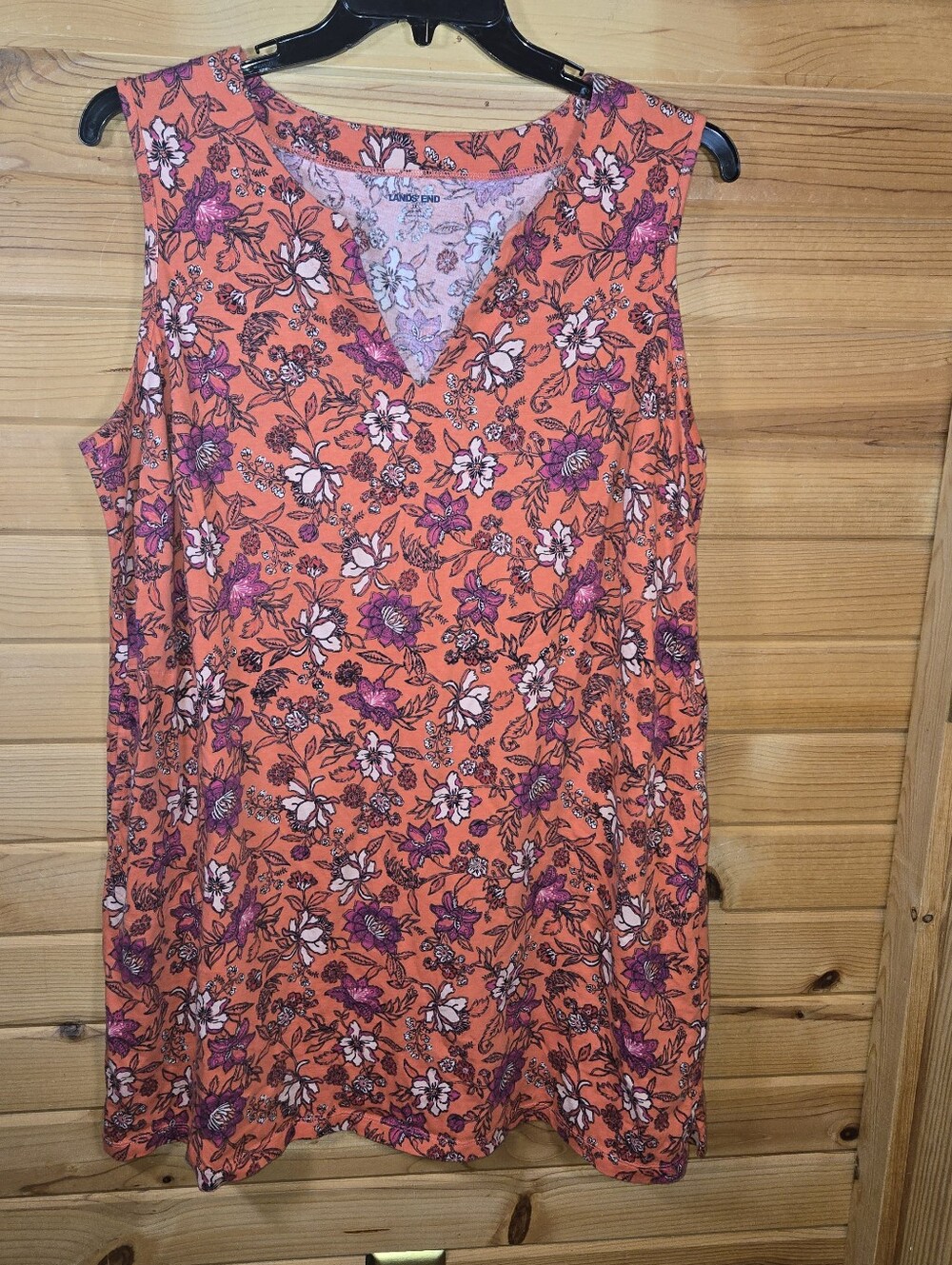 Lands' End Sleeveless Dress Cotton Floral Orange Pink Women's 1X 16W-18W Pockets